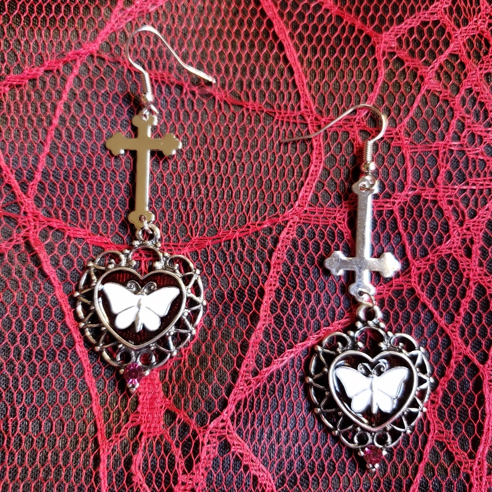 Silver Heart Butterfly Earrings